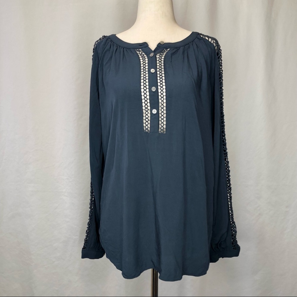 LOFT rayon Henley blouse with open lace panels on front and sleeves slate XS